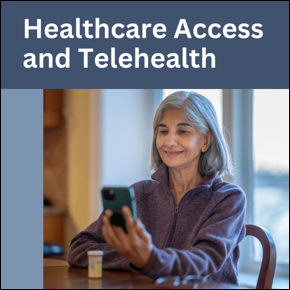 Healthcare Access and Telehealth. Elderly woman doing a telehealth appointment on her phone at her kitchen table.